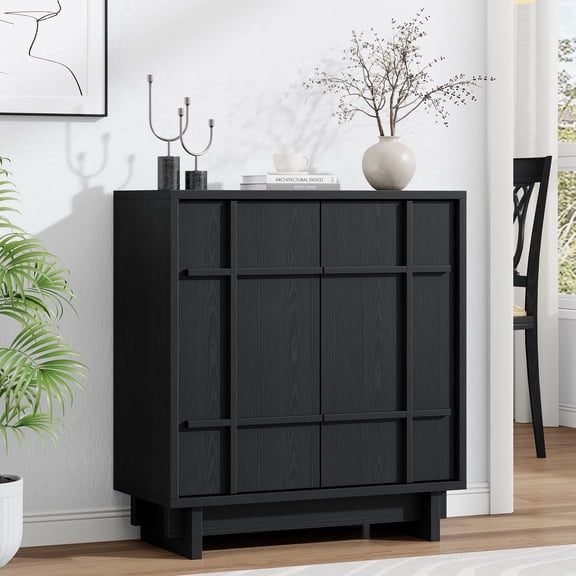 Aufeile 30" Modern Slatted Sideboard, Farmhouse Buffet Cabinet with Adjustable Shelves, Accent Storage Credenza for Dining Room, Black
