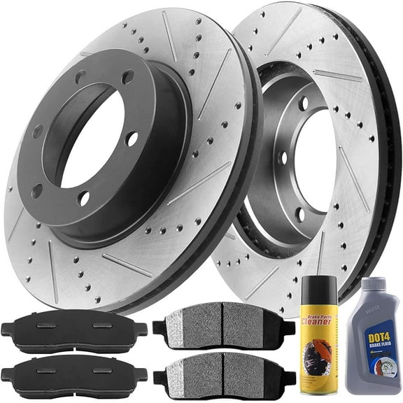 MotorbyMotor Front Brake Rotors 330mm Drilled & Slotted Design E-Coating Brake Rotor & Brake Pad kit Including CLEANER DOT4 FLUID Fits for 2005-2008 Ford F150, 2006-2008 Lincoln Mark LT (4WD 6 Lugs)