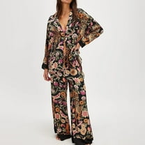 Comfortable Women's Pajamas Silk Satin Pajamas Set For Women 2 Piece Floral Wide Leg Pants Set Long Sleeve Button Down Pj Shirts Set, Women Pajama Sets XL