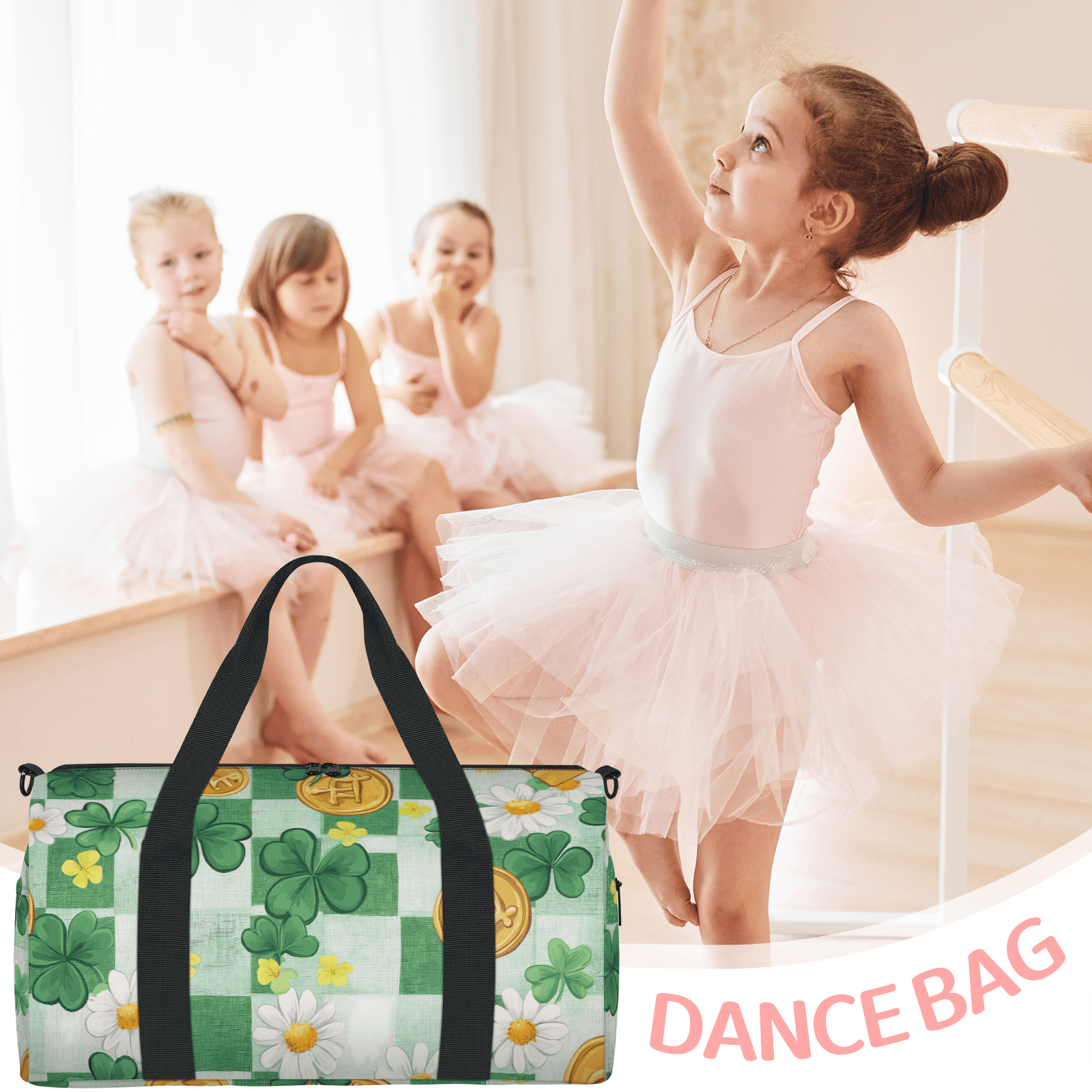 Herdesigns St. Patrick's Day Shamrock Gym Bag for Women, Duffle Bag for Travel Sport, Lightweight Waterproof Carry on Weekender Overnight Dance Yoga Workout Bags