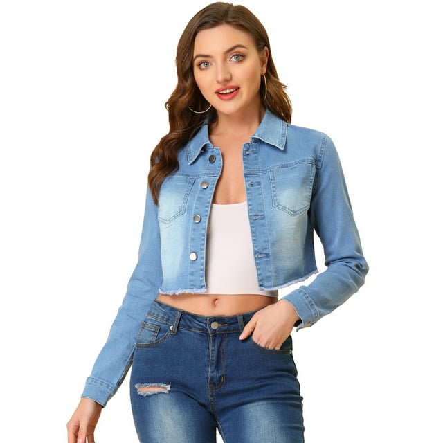 INSPIRE CHIC Veste en Denim Courte Délavée Effilochée pour Femme Gris Bleu TP