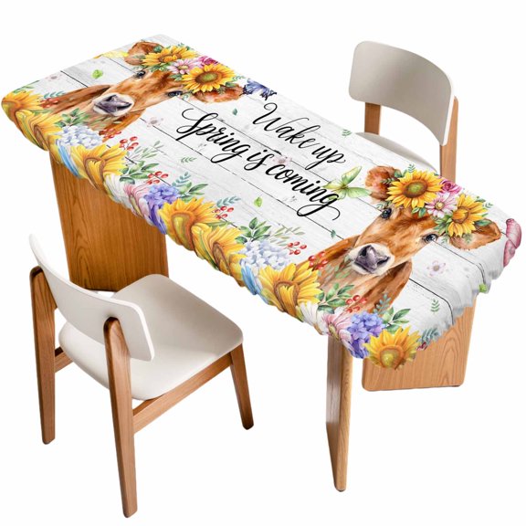 Spring Cow Table Cloths for 8 Foot Rectangle Tables, Summer Sunflower Botanical Vintage Patio Waterproof Elastic Fitted Tablecloths, Washable Rectangular Table Cover for Camping