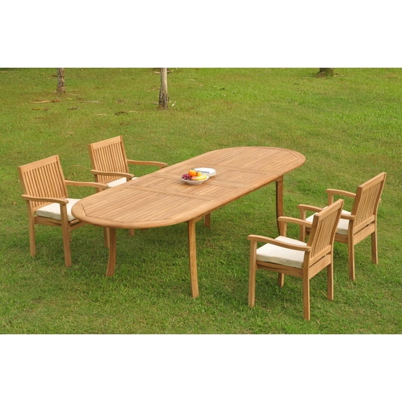 Grade-A Teak Dining Set: 4 Seater 5 Pc: 118" Double Extension Oval Table And 4 Leveb Stacking Arm Chairs Outdoor Patio WholesaleTeak #WMDSWVm