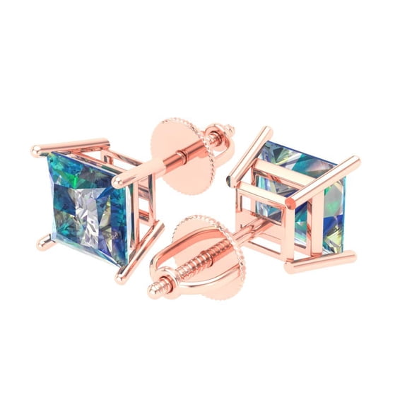 3 Ct Princess Cut Studs Blue Moissanite 14K Rose Solid Solid Gold Everyday Dainty Earrings Screw Back