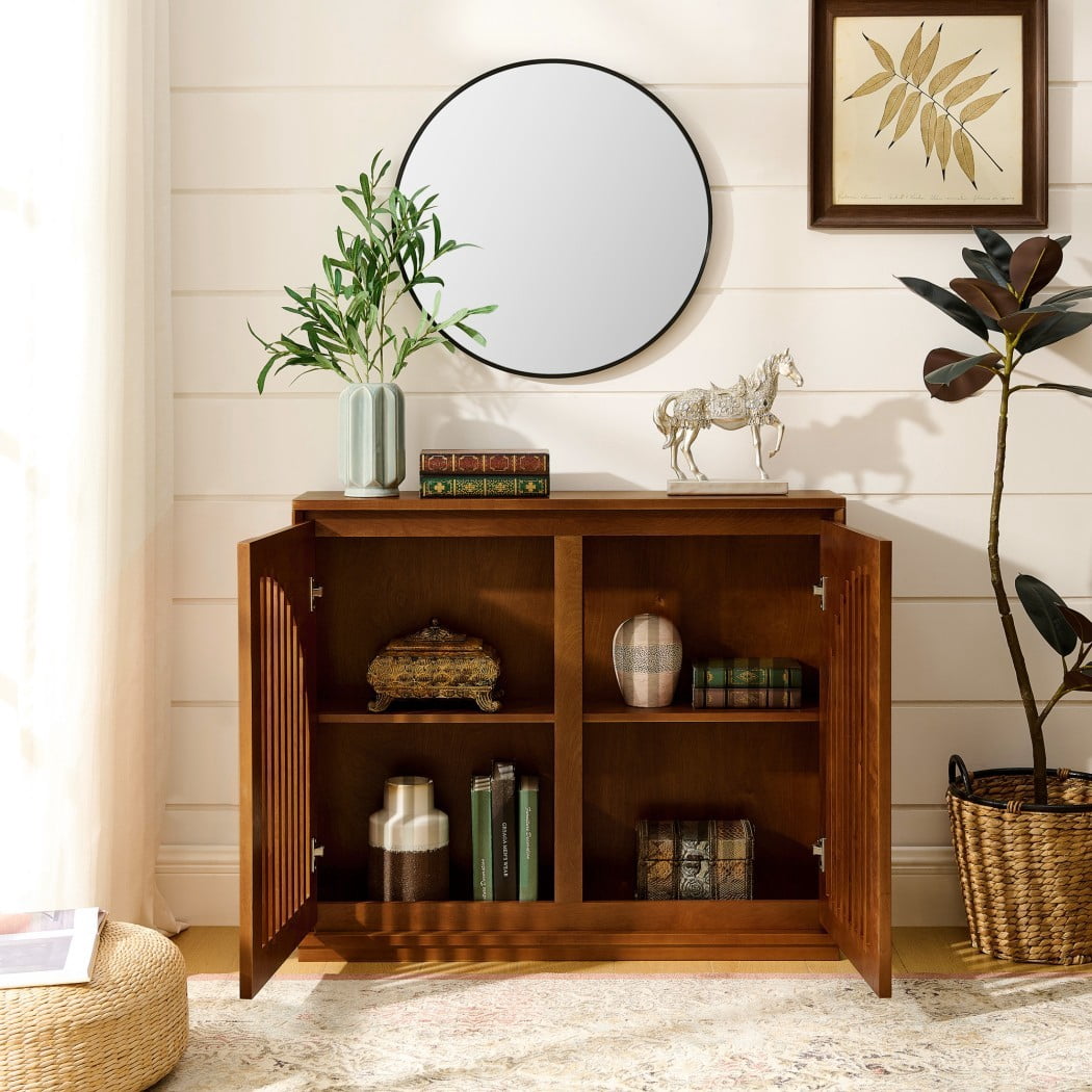 Mid Century Modern Fluted Sideboard Cabinet, Buffet Cabinet with 2 Outlet Holes, Storage Cabinet for Living Room, Entryway, Kitchen & Coffee Bar, Walnut