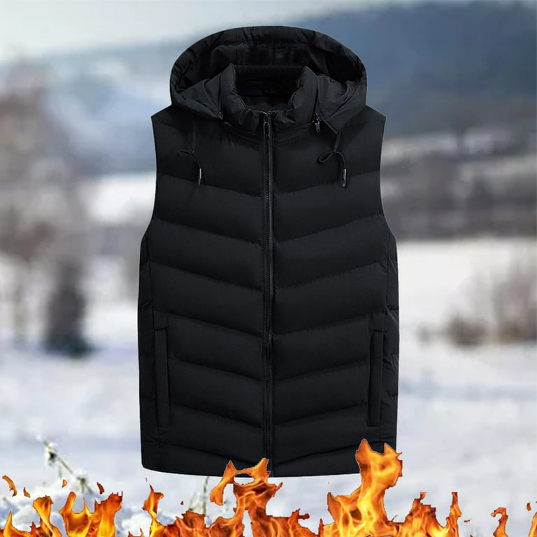 BKQCNKM Puffer Vest Cropped Puffer Vest Men s Autumn and Winter Warm Coat Vest Solid Color Sleeveless Vest Casual Hooded Zipper Vest Vest Black XXL