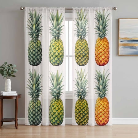 Gradient Pineapple Semi Sheer Curtains 63 Inch Length 2 Panels Set Watercolor Modern Fruit Sheer Kitchen Curtain Privacy Voile Window Curtain for Living Room Bedroom Rod Pocket Drapes