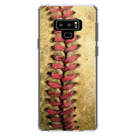 DistinctInk Clear Shockproof Hybrid Case for Samsung Galaxy Note 9 - TPU Bumper, Acrylic Back, Tempered Glass Screen Protector - Old Baseball Stitch - Baseball