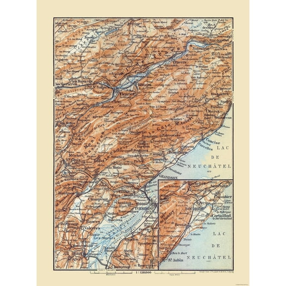 Historic Map - Fleurier Switzerland - Baedeker 1921 - 23 x 30.92 - Vintage Wall Art