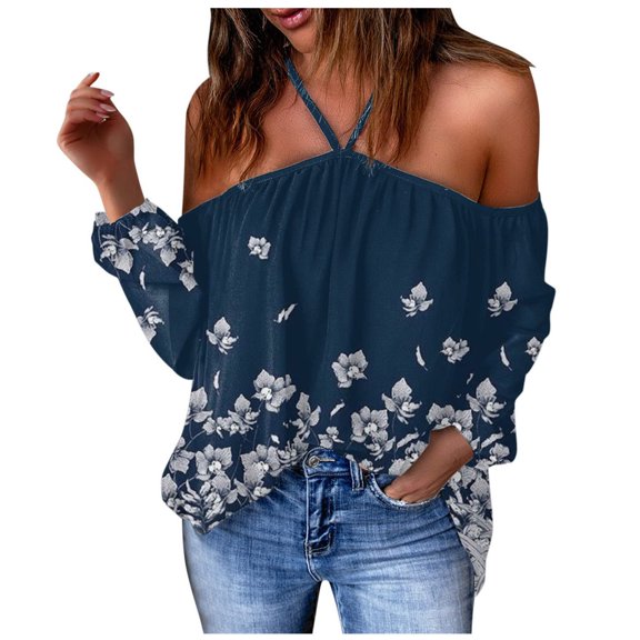 asdoklhq Womens Plus Size Tops,Women Flowers Printing V-Neck Long Sleeve Halter Off Shoulder T-Shirt Casual Tops Blouse