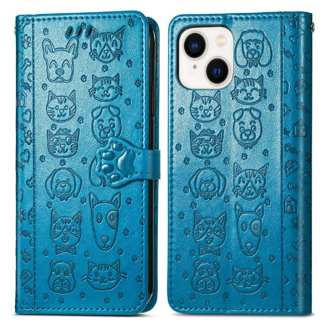Funda Cartera FOXDOCK para iPhone 15 Plus , Flip PU con Relieve de Gatos y Perros, Tarjetero y Soporte