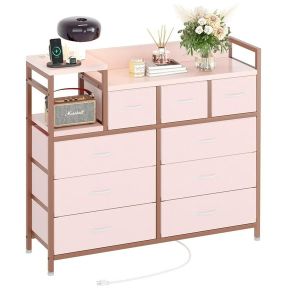 Jojoka 9-Drawers Dresser with Power Outlets, Metal Frame and Fabric Drawers for Bedroom, Wood Top Cabinet for Closet, Nursery, Pink