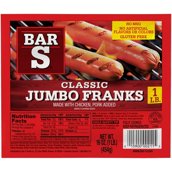 Bar-S Classic Fully Cooked Jumbo Franks Hot Dogs, 8 Count, 16oz (Refrigerated)