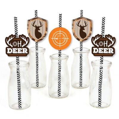 Gone Hunting - Paper Straw Decor - Deer Hunting Camo Baby Shower or Birthday Party Striped Decorative Straws - Set of 24