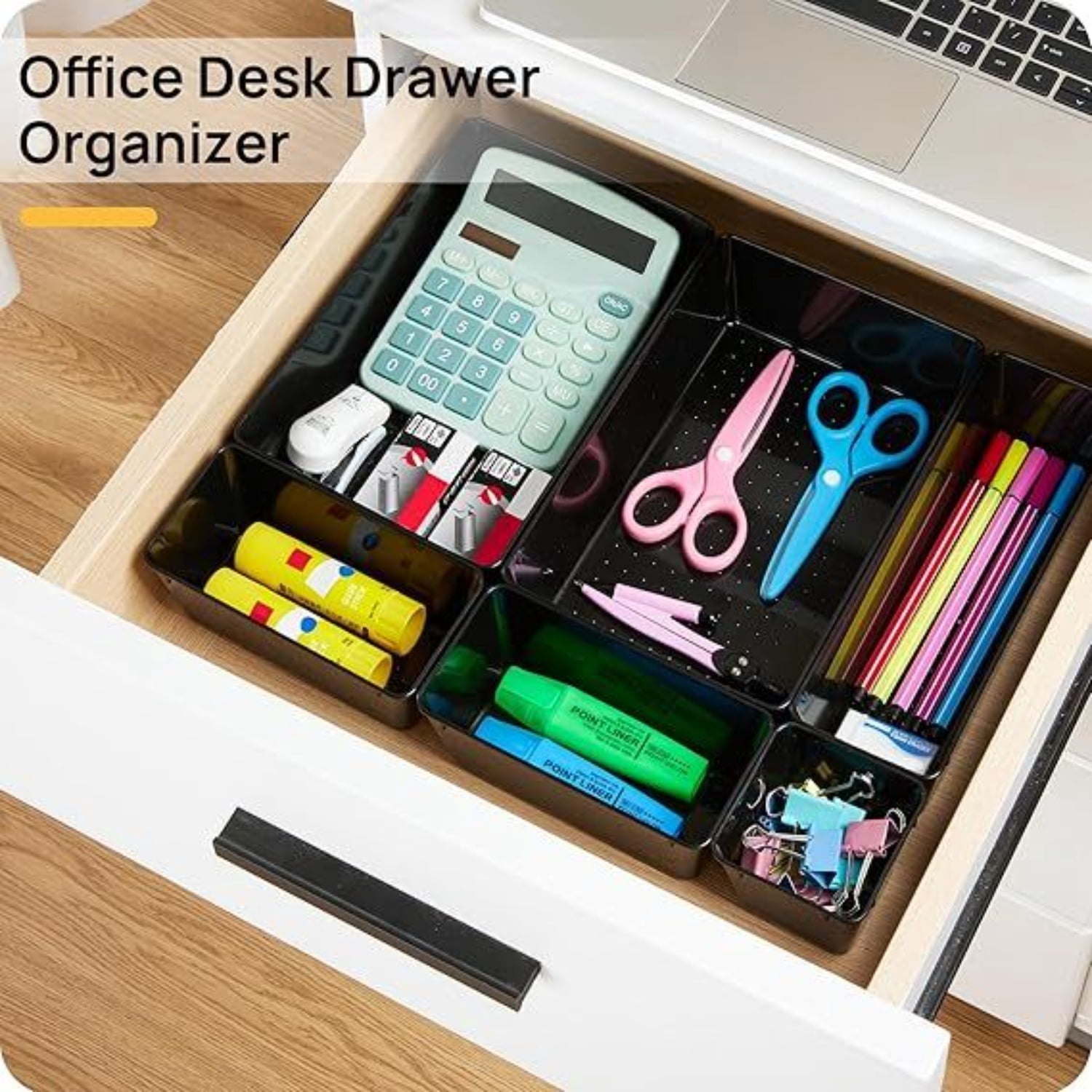 25 PCS Office Desk Drawer Organizers Set 4-Size Versatile Plastic Drawer Organizer Trays Storage Bins for Desk Accessories Office Organizers and Storage Bathroom Makeup Vanity Black