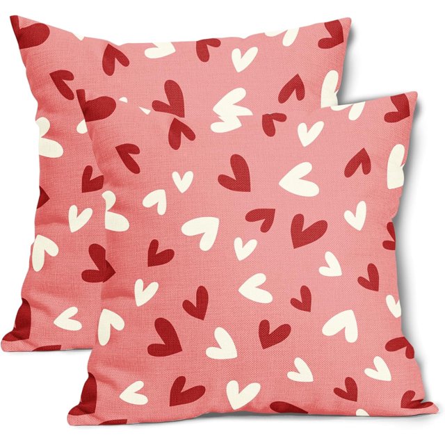 Housses de Coussin Rose Joyeuse Saint-Valentin 18X18 Pouces Ensemble de 2 Housses de Coussin Décoratives Cœurs Rouges et Blancs Saint-Valentin Mariage Amour Décoration Maison Fête pour Canapé Porche Extérieur