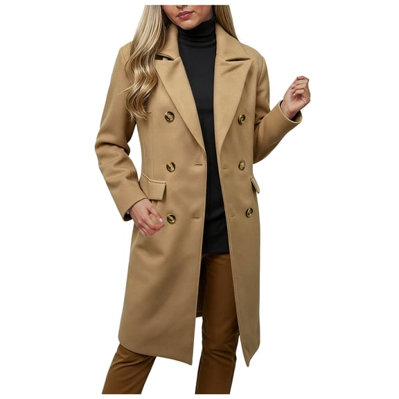 Quealent Womens Long Wool Coats Fall Winter Double Breasted Trench Coat Peacoat Khaki for Size XXL