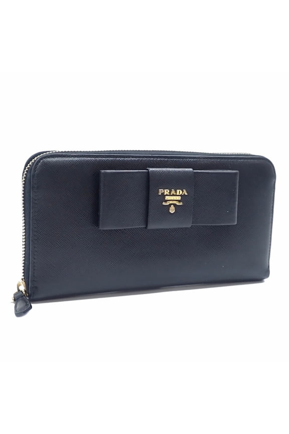 Pre-Owned Prada Women's Round Long Wallet, Black Leather, 1M0506, with Leather Ribbon (Good)
