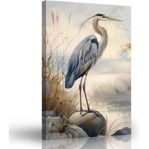 ZHONGYUTONG Blue Heron Wall Art Egret Picture Wall Decor Crane Canvas Print Coastal Bird Paintings Animals Artwork for Living Room Decor Framed (12.00" x 18.00")