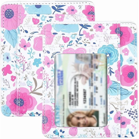 Slim Wallet Credit Card Holder Flower Design Minimalist Thin Small Front Pocket Wallet Sleeve PU Leather Travel RFID Blocking Card