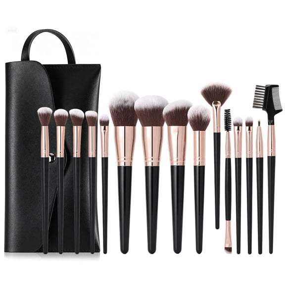 Livhil 15pcs Makeup Brushes Set Professional, Premium Makeup Brushes Kit Set, Eyeshadow Brushes with PU Leather Pouch (Black Gold)