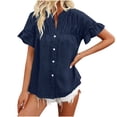 thumbnail image 1 of Timegard Tops for Women Ruched Ruffle Short Sleeve Stand Collar Shirts Casual Loose Button up Blouse, 1 of 5