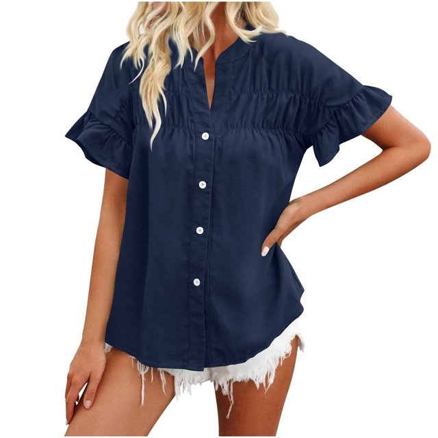 Timegard Tops for Women Ruched Ruffle Short Sleeve Stand Collar Shirts Casual Loose Button up Blouse
