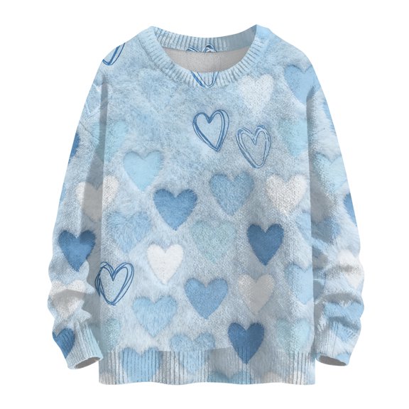 Nokdvo Woman's Sweatshirts Trendy Valentine Heart Crewneck Pullover Top Fall Winter Casual Knitted Loose Fit Pullover Sweatshirts,Light Blue M