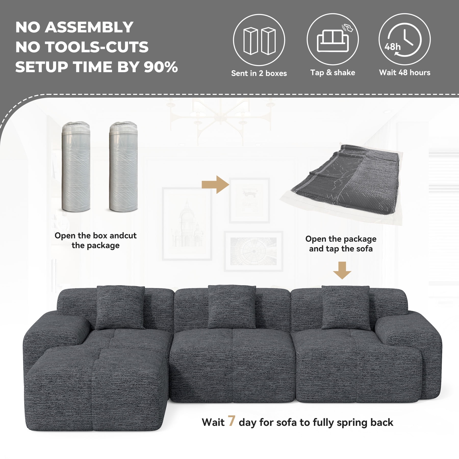 Daluvenix 122" Modern L Shaped Modular Sectional Sofa, Chenille Modular Cloud Couch for Living Room with Deep Seat, 4 Seater Convertible Cloud Couch Sofa Set, No Assembly Required, Black