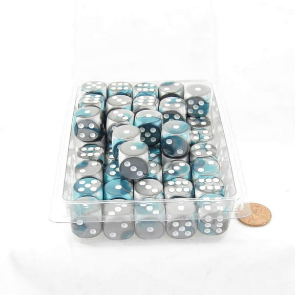 Steel and Teal Gemini Dice with White Pips D6 16mm (5/8in) Bulk Pack of 50 Wondertrail