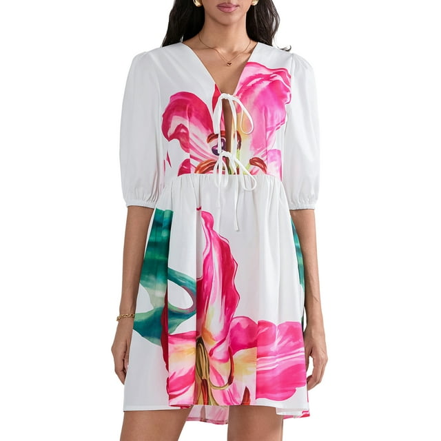 Gupgi Robe Courte Fleurie pour Femme à Manches Courtes, Robe Babydoll Fluide à Col en V, Robe Chemise Coupe Ample, Mini Robe d'Été Bohème