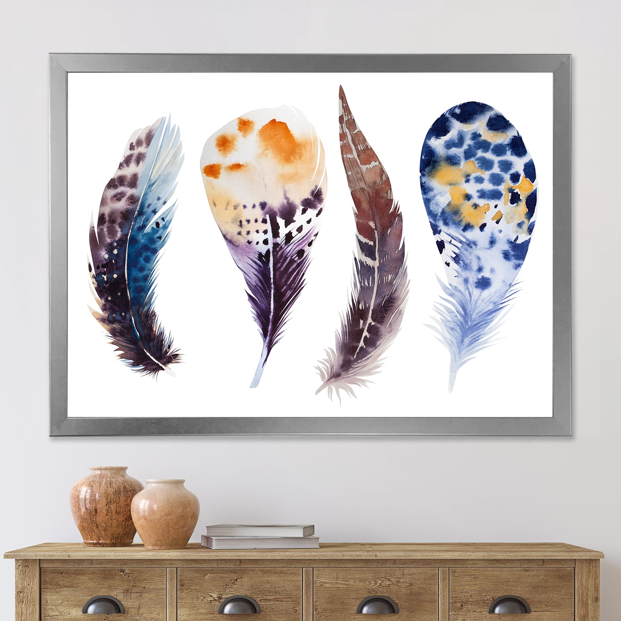 Designart 'Colourful Boho Feather Set On White VIII' Bohemian & Eclectic Framed Art Print