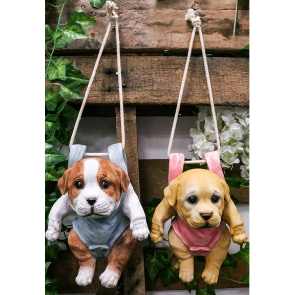 Set Of 2 Teacup Puppy Dogs On Blue And Pink Baby Onesie Swing Branch Hangers
