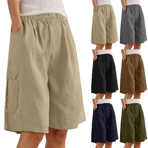 SOFTCCLO Shorts for Women Elastic Waist Tie Shorts Plus Size Slim Solid Pocket Casual 5 Inch Womens Shorts Black L