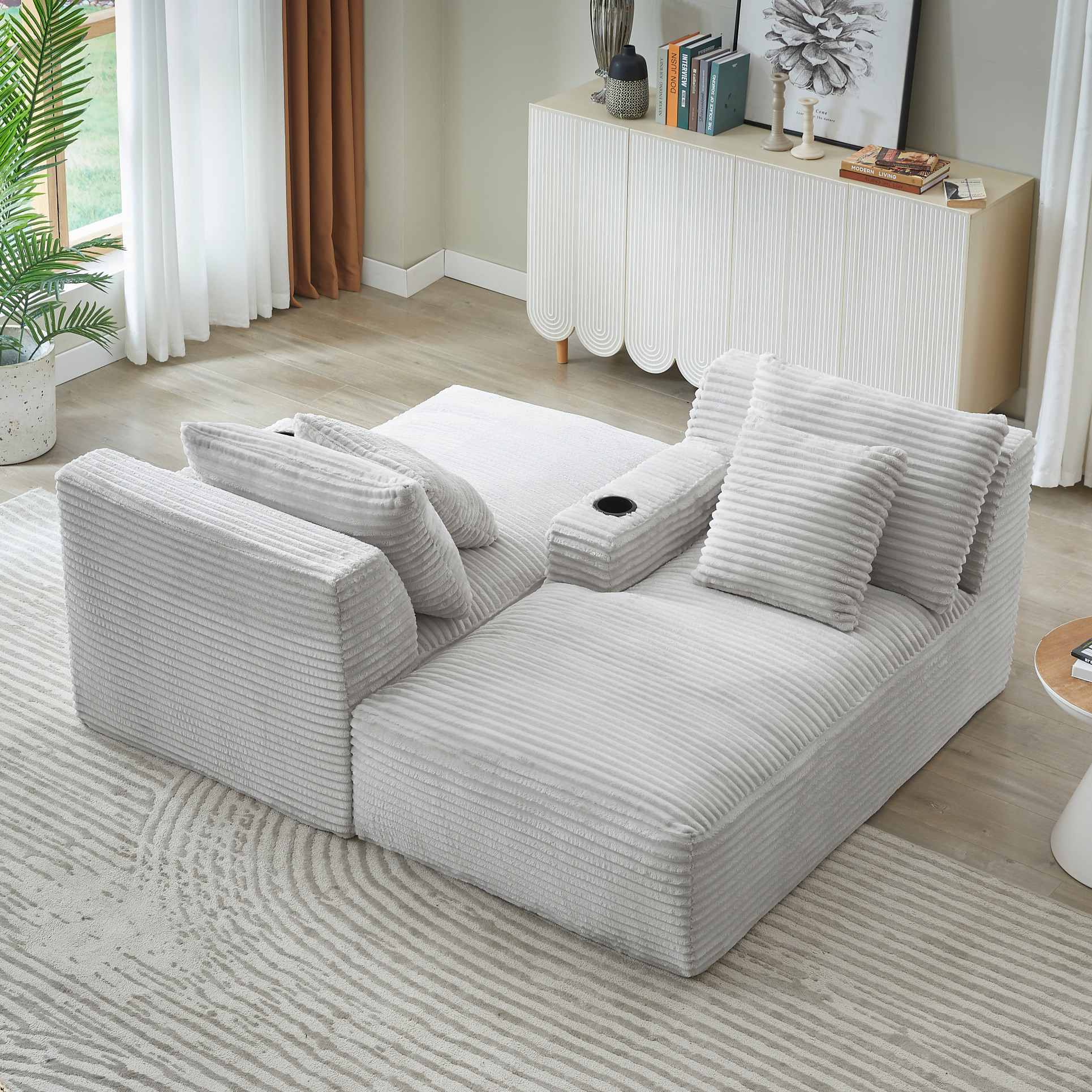 71" Oversized Double Chaise Lounges Indoor, Upholstered Corduroy Sofa Bed with Dual Cup Holders, Sectional Sleeper Loveseat for Living Room, Light Grey