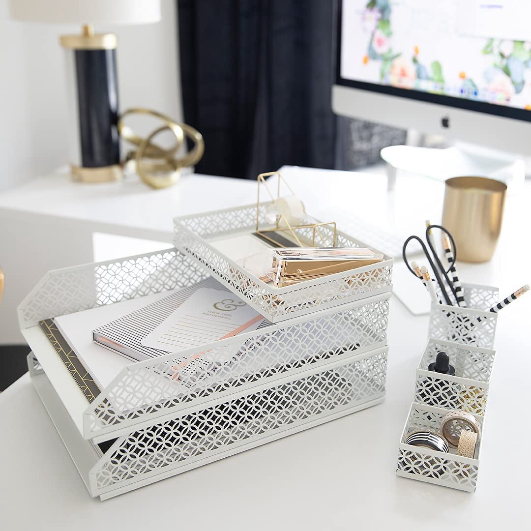 Blu Monaco Office Supplies White Desk Accessories for Women-6 Piece Interlocking Stylish Desk Organizer Set- Pen Cup, 3 Accessory Trays, 2 Letter Trays-White Office Paper Tray Holder