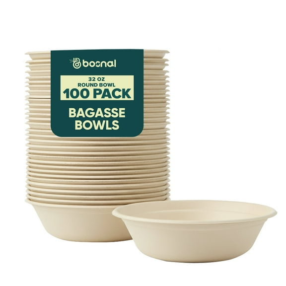 BOSNAL 32 Oz Round Bagasse Bowls (100 Pack) – Compostable, Biodegradable & Eco-Friendly Disposable Bowls for Hot and Cold Foods, Catering & Events
