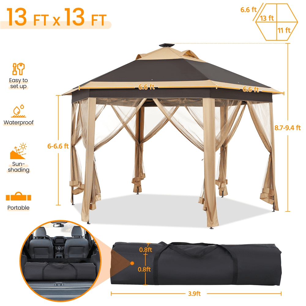 Alden design 13′*11′Hexagonal Pop-Up Gazebo W/ Mesh Netting Sides & 25 Solar LED Lights, Khaki/Brown