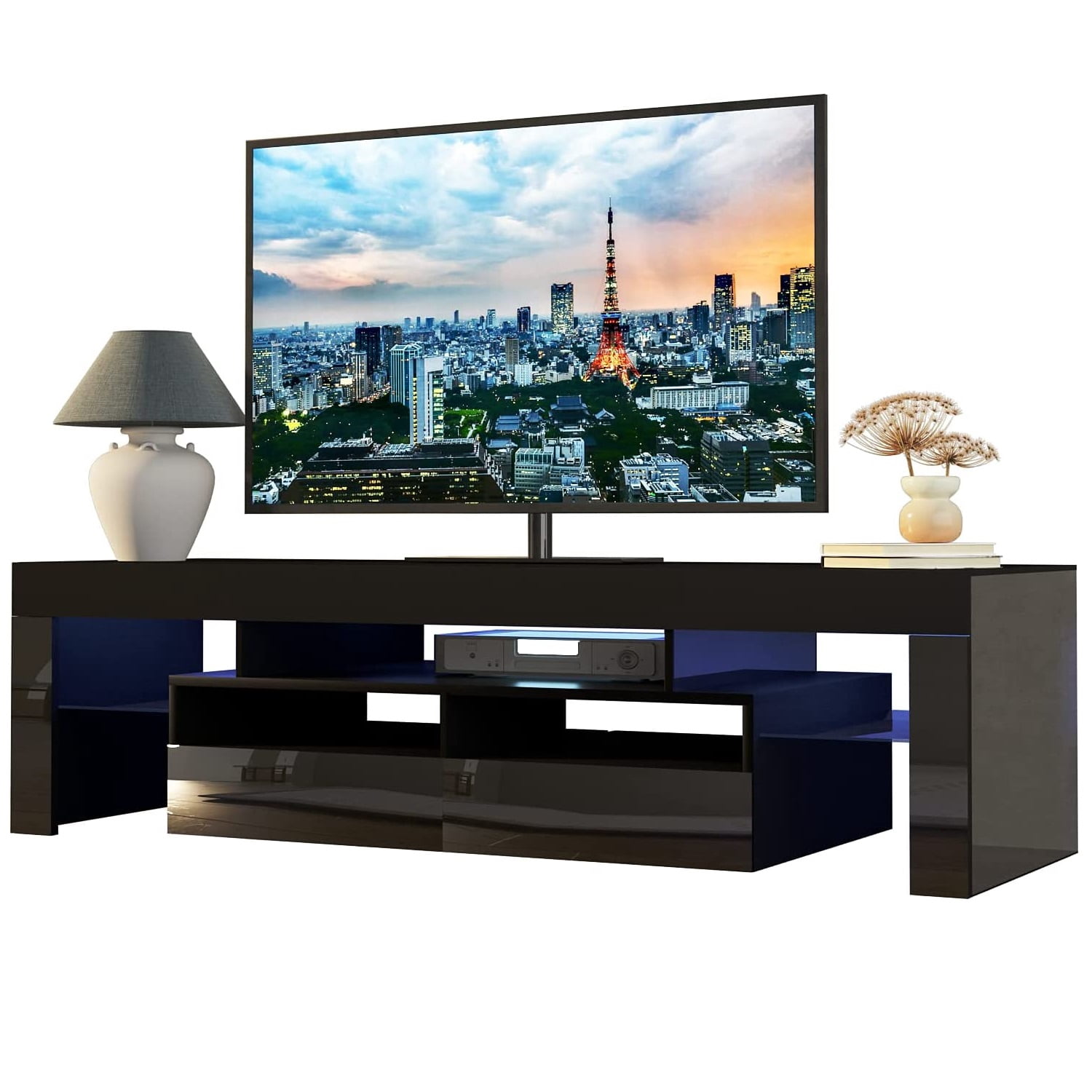 PWFE LED Light TV Stand for 55/60/65 inch TV, Modern Gloss Entertainment Center with Drawer and Glass Open Shelf, TV Console Table for Living Room, Black