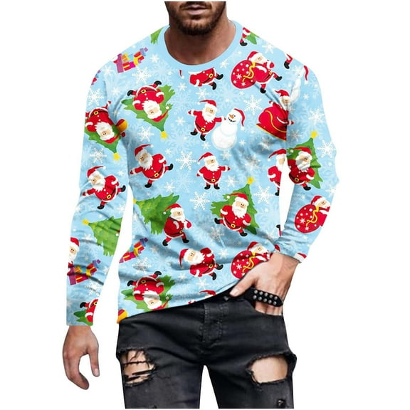 Plus Size Round Neck Sweatshirt for Men Long Sleeve Casual Pullover Winter Snowflake Printed Tops