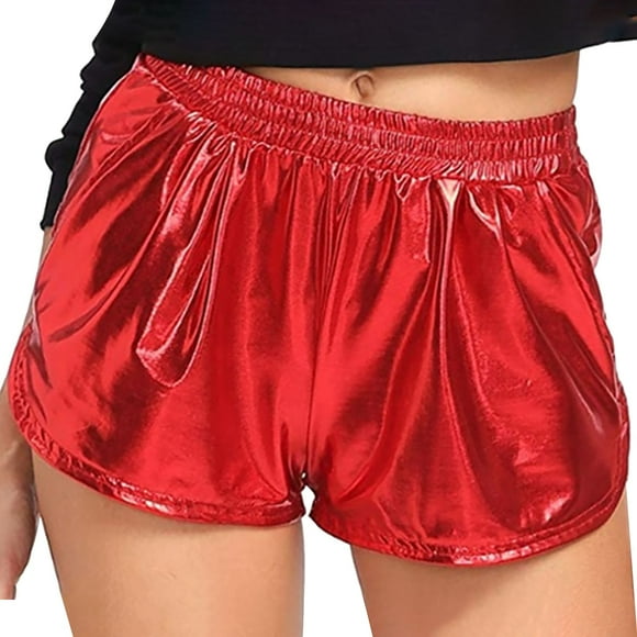Bunenne Metallic Shorts for Women，leather Shorts for Women，st Patricks Day Shorts， Women Quick Drying Casual Solid Shorts Pants，mardi Gras Pants for Women，sparkly Hot Short Red L