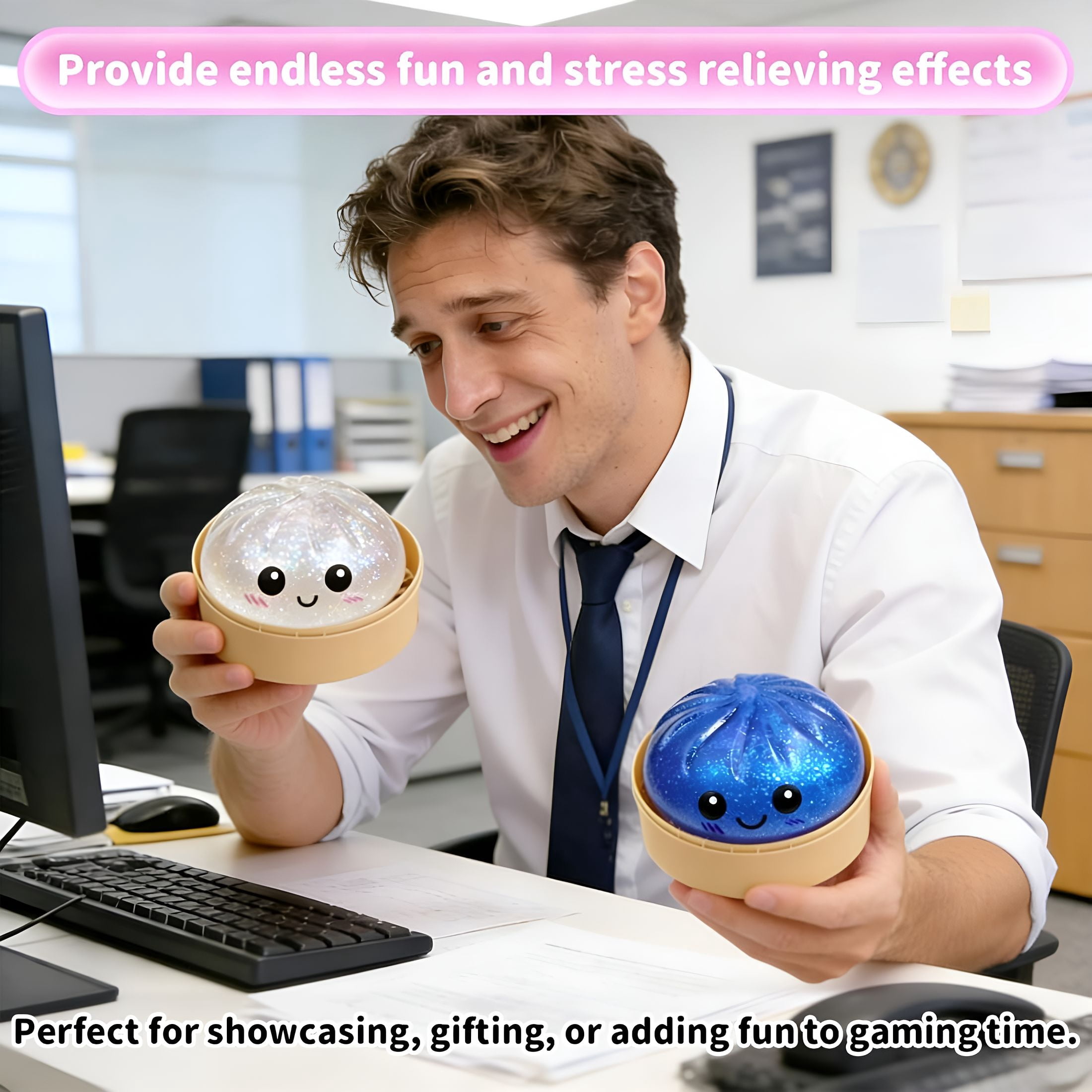CYFW Glitter Dumpling Soft and Fluffy,New Bun Squeeze Stress Relief Ball with Steamer Box for Stress Relief (2 Pcs)