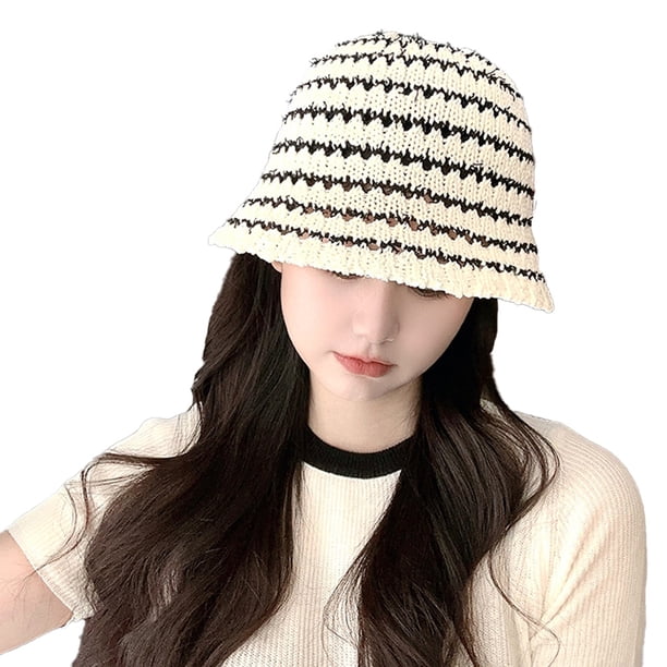 Sombrero de pescador de verano con circunferencia de 56-58 cm, sombrero de pescador con rayas en contraste para mujer, sombrero de lavabo hueco y transpirable con sombrilla