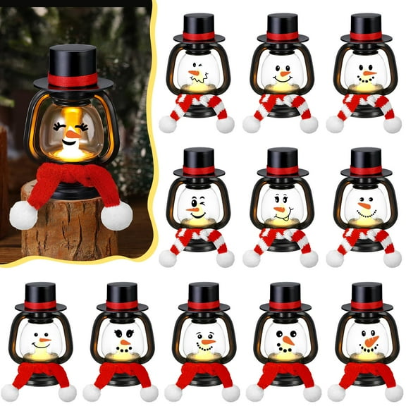 ROCEEI 12 Set Christmas Mini Snowman Lantern with Candle Snowman Hanging Lanterns Decorations with Top Hat and Red Scarf Xmas Small Portable Tabletop Centerpiece for Winter Home Xmas Party Decor C111