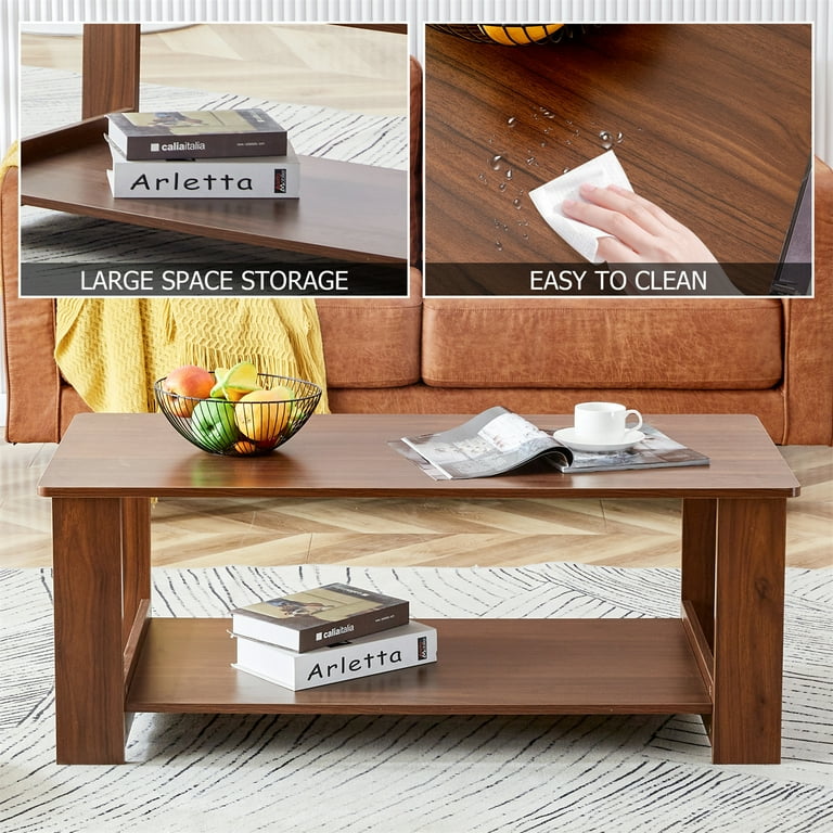 2-Tier Coffee Table, Wooden Farmhouse Coffee Table with Storage