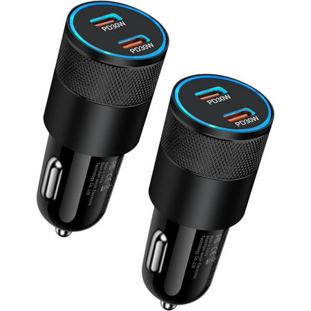 60W USB C Car Charger, 2 Pack USB C Cigarette Lighter Adapter Fast Charging Dual Port PD3.0 Type C Car Charger Plug Compatible with iPhone 14 13 12 11 Pro Max Mini XR Galaxy S22/21 Google Pixel