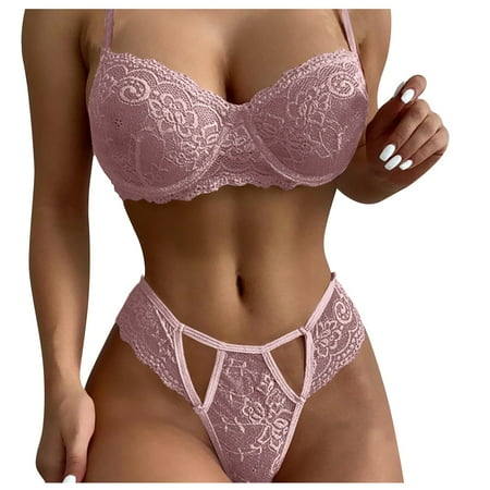 

BIZIZA Hollow Out Bra and Panty Sets for Women Plus Size Babydoll Sexy Lingerie Teddy Lace Lingerie Set Pink XXXXL