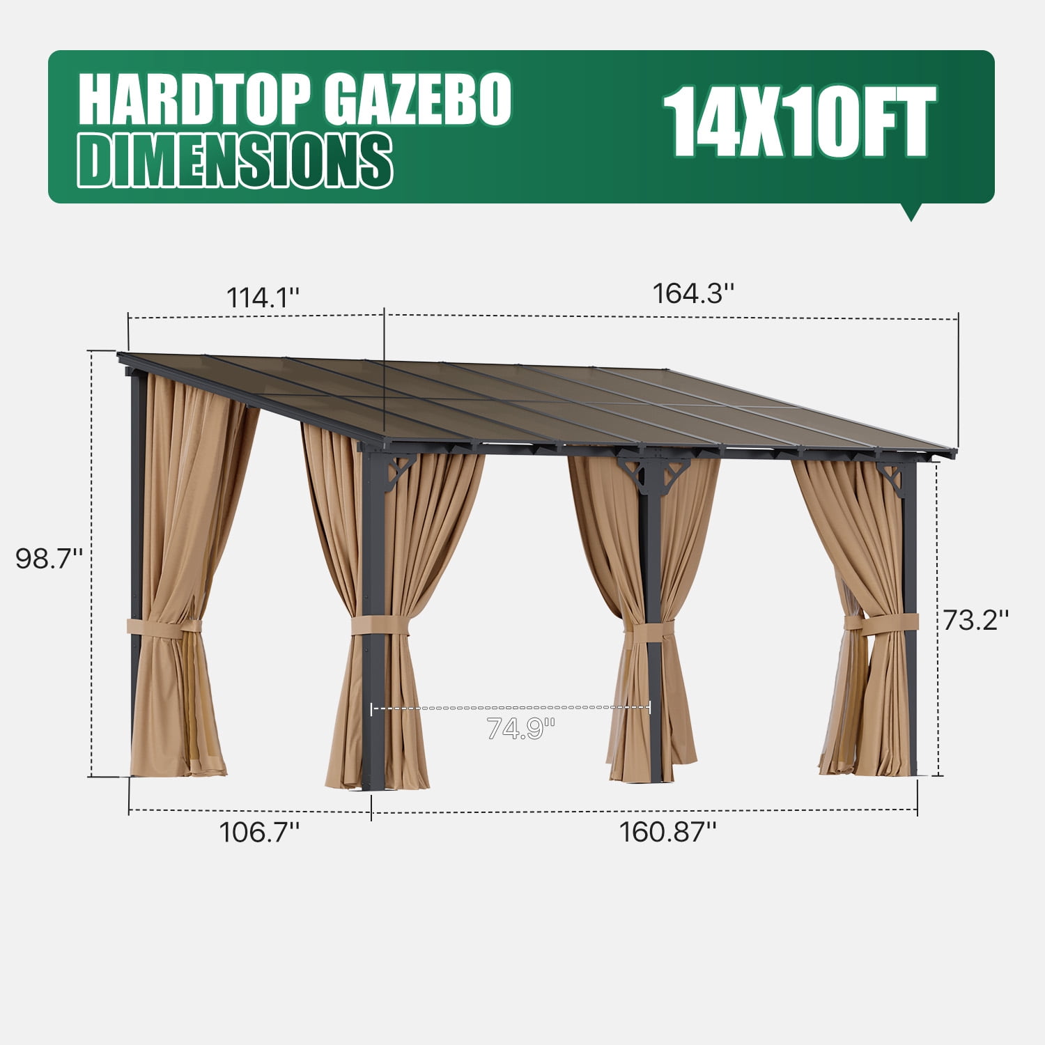 BaPiPro 10‘x14’ Wall-Mount Patio Gazebo – Polycarbonate Hardtop Roof, Mosquito Netting & Privacy Curtains