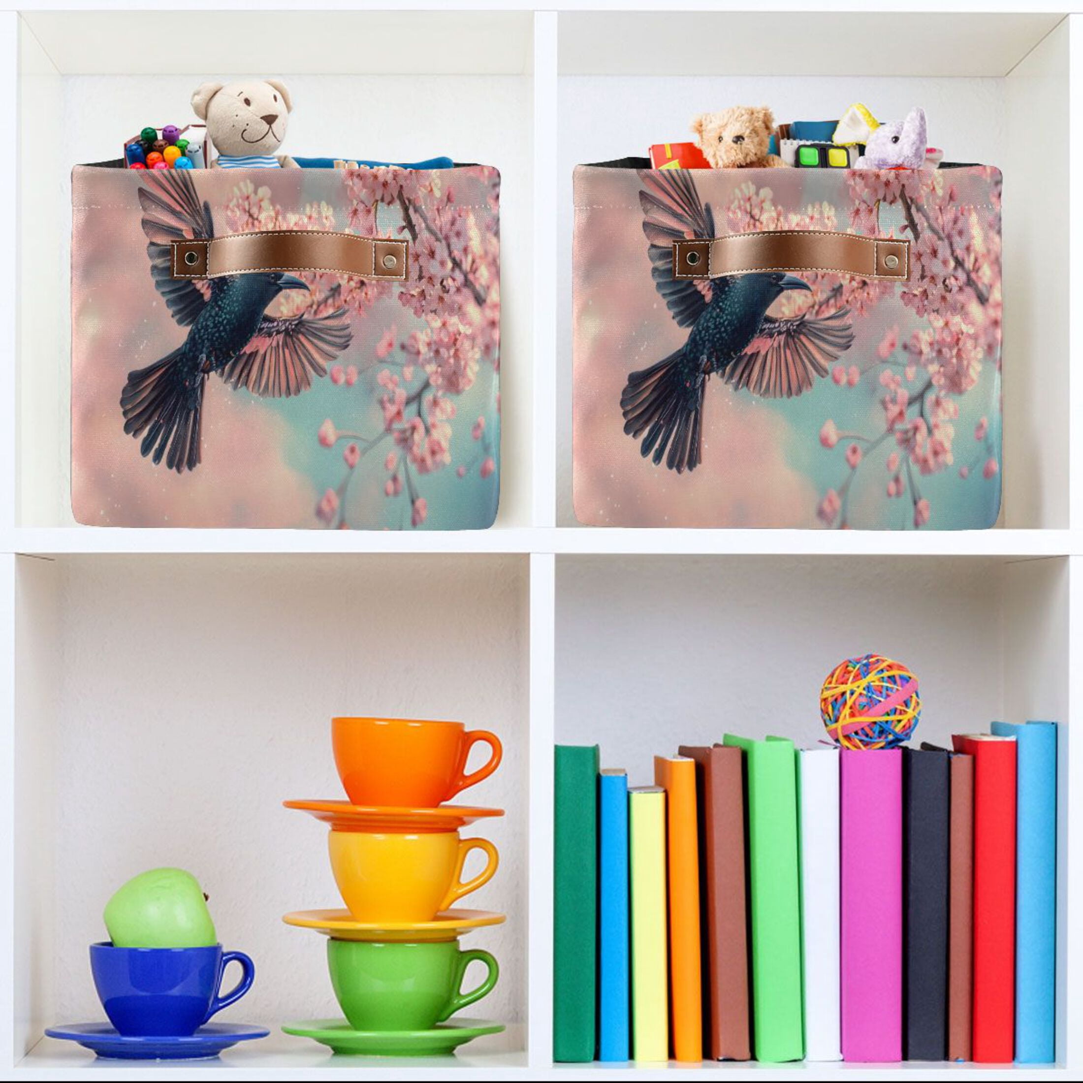 Ryvnso Bird Cherry Blossom Storage Basket Large Bin Foldable Boxes Toys Organizer 14.2x10.2x8.3in 2 PCs