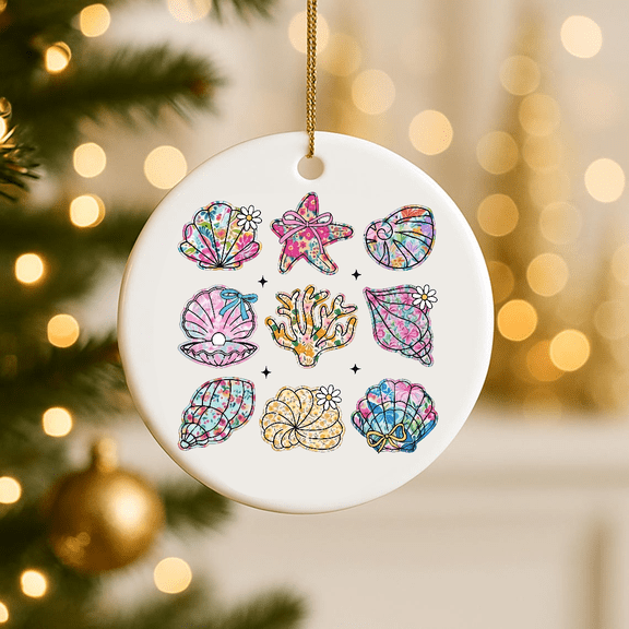 Seashell Ornament Coastal Floral Shell T Cute Beach Summer T Ocean Vacation For Travel Idea 2D FLAT CIRCLE Ceramic Ornament